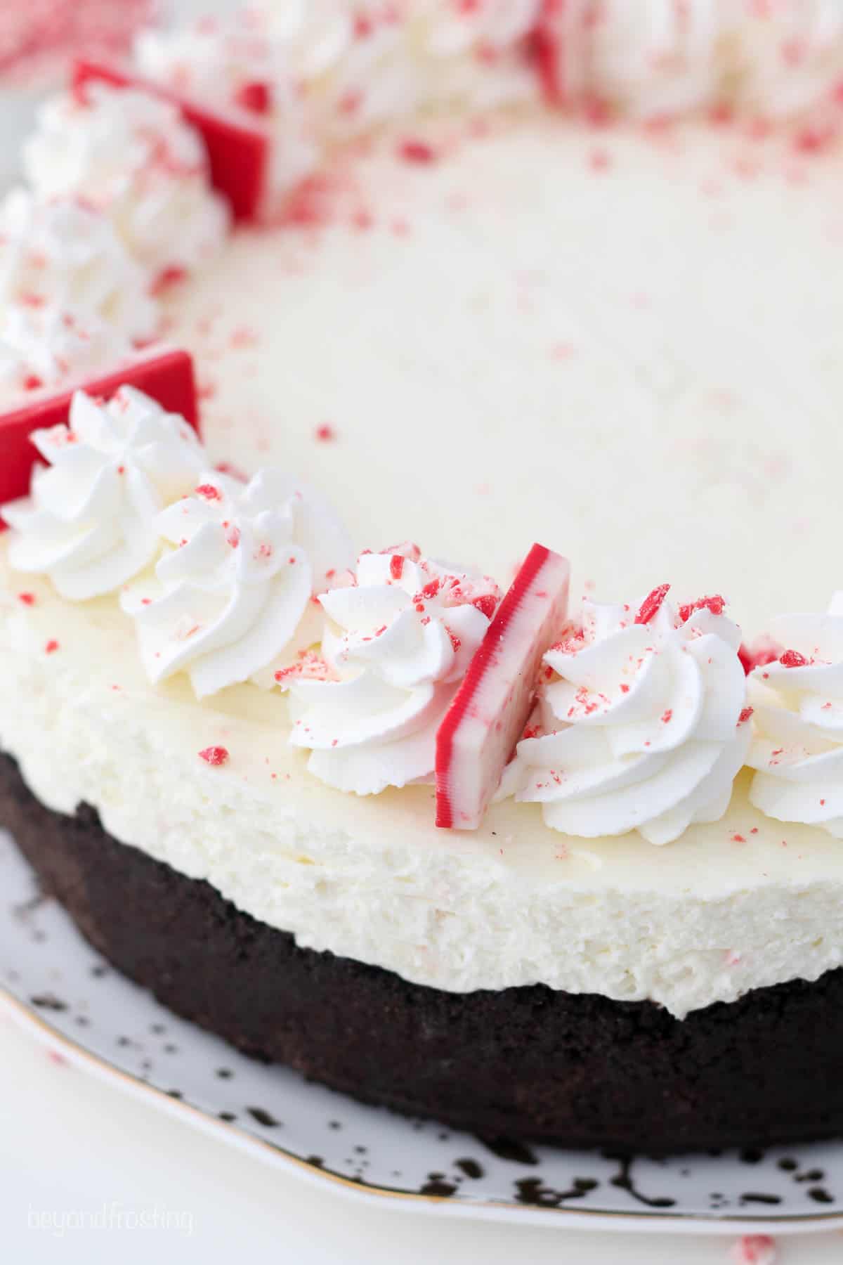 A close up shot of a whole cheesecake garnished with whipped cream and crushed peppermint chocolate