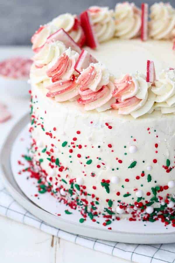 A large white chocolate peppermint cake covered with red, green and white sprinkles and a red swirls rosettes on top.