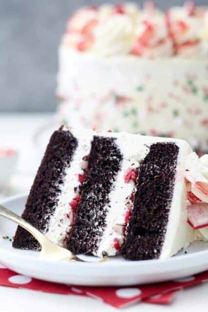A white rimmed plate with a big slice of chocolate cake laying on it's sides. It's frosted with a white buttercream and looks like it has red peppermint candy between each layer.