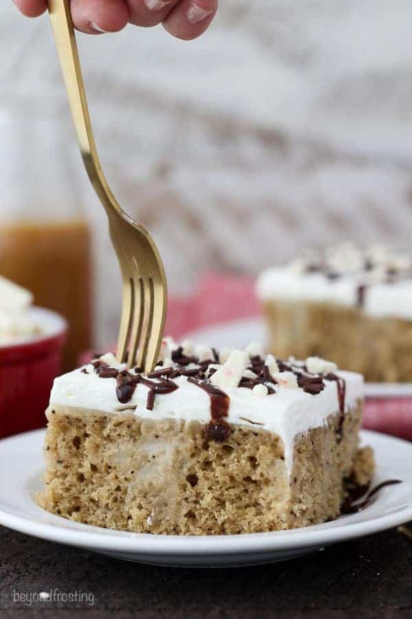 A gold fork sinking into a coffee flavored cake. The slice of cake is garnished with chocolate sauce and peppermint bark