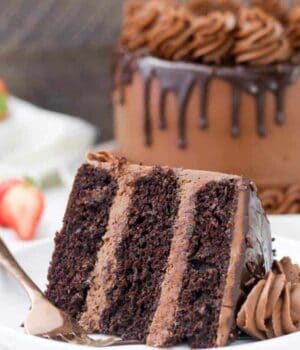 A mouthwatering photos of a big slice of chocolate cake with layered of chocolate frosting and finished with a chocolate ganache. The slice is laying sideways on a white rimmed plate.
