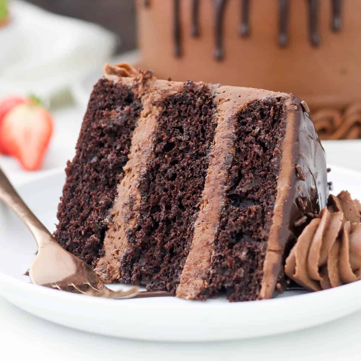 Close up of a 3 layered slice of frosted chocolate cake