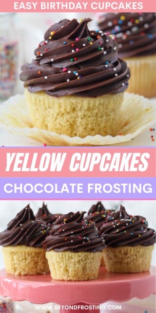Pinterest title image for Yellow Cupcakes with Chocolate Frosting.