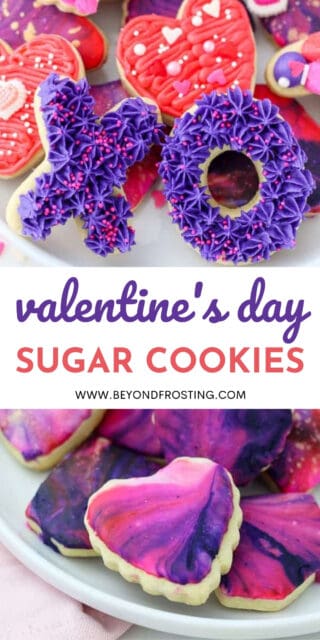two images of sugar cookies for Valentines day with a text overlay