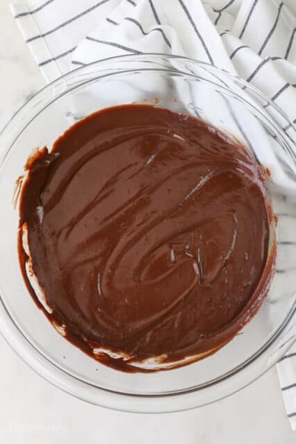 Chocolate pie filling in a glass bowl ready to chill.