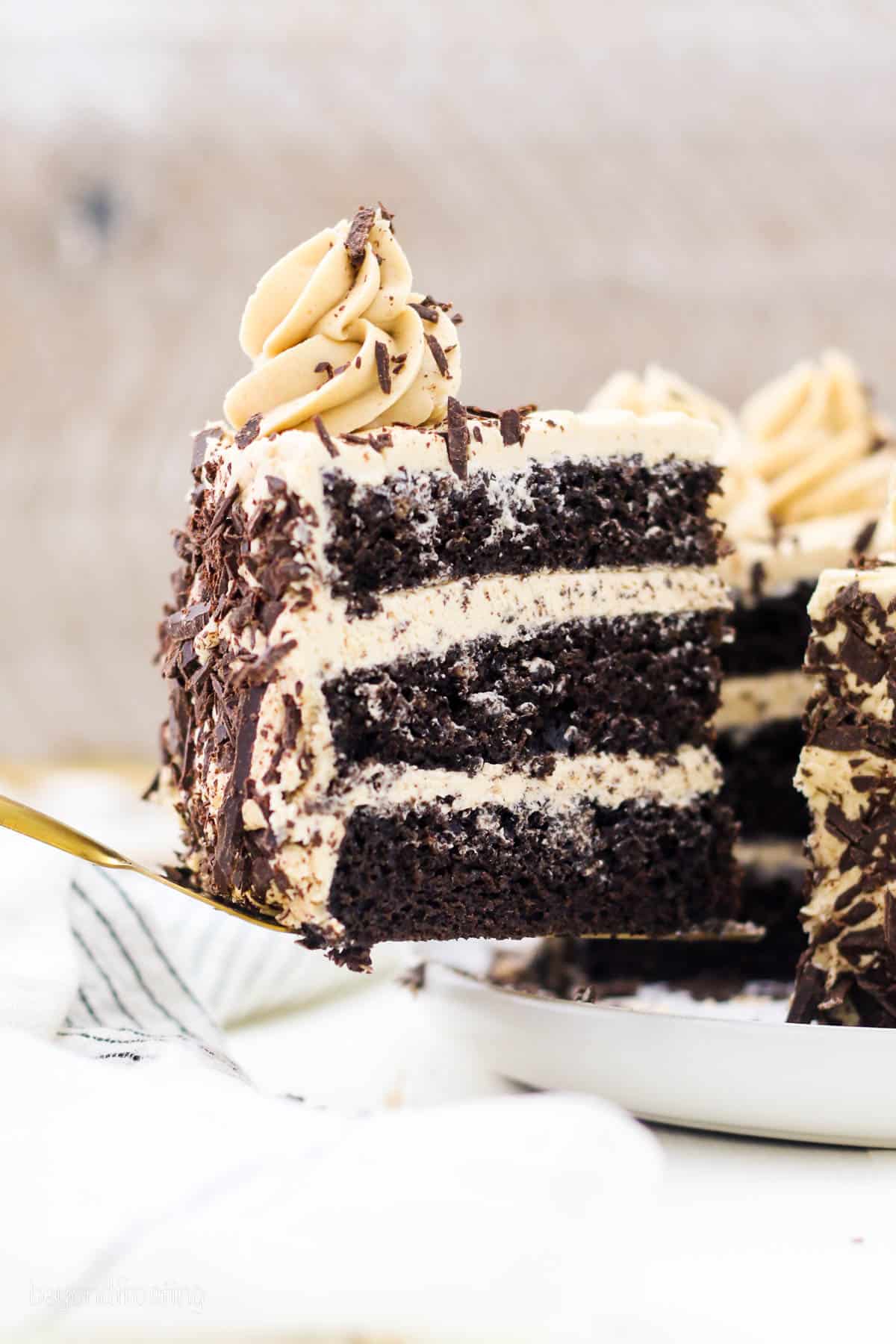 A slice is lifted from a frosted chocolate mocha cake, revealing the layers.
