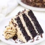 A 3 layer chocolate cake covered in a mocha buttercream is laying sideways on a white rimmed plate and the larger cake is blurred out in the background