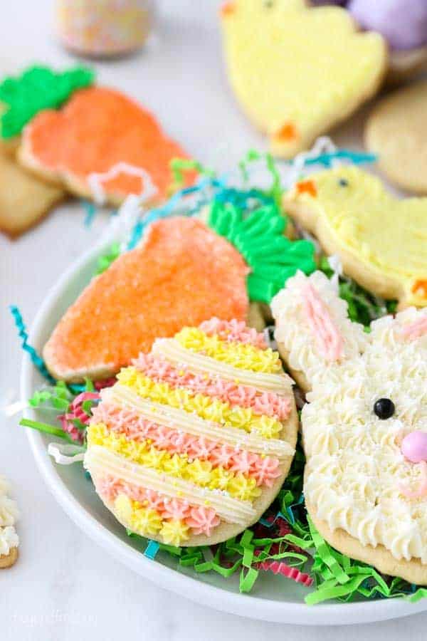 Easter sugar cookies shaped like a rabbit, egg and carrot