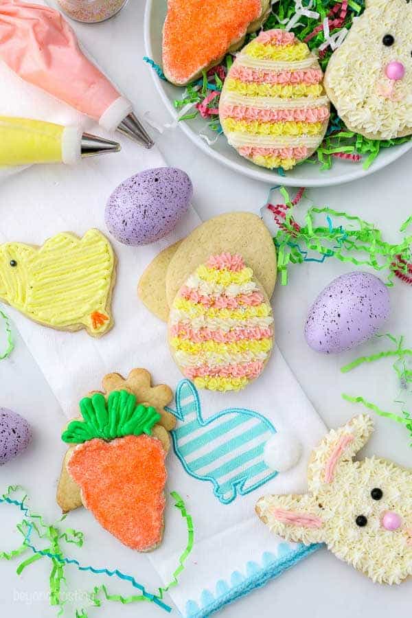 Baby chick, egg, bunny and carrot shaped frosted sugar cookies.