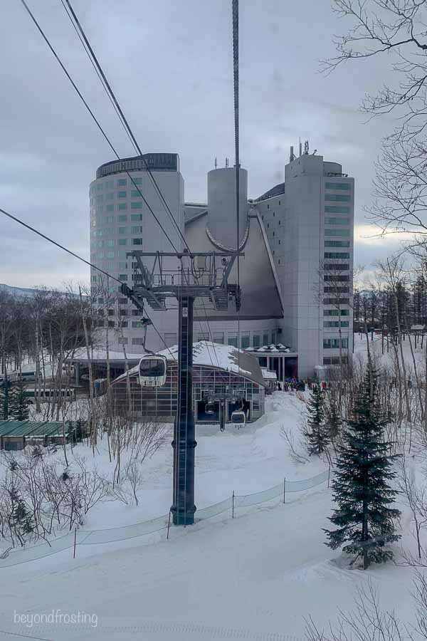 A view of the Hilton hotel from the gondola at Niseko Village ski resort