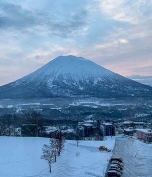 A view out the window from Skye Niseko resort hotel looking at Mt Yotei