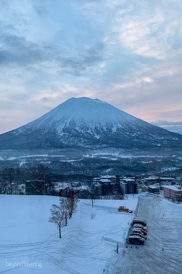 A view out the window from Skye Niseko resort hotel looking at Mt Yotei