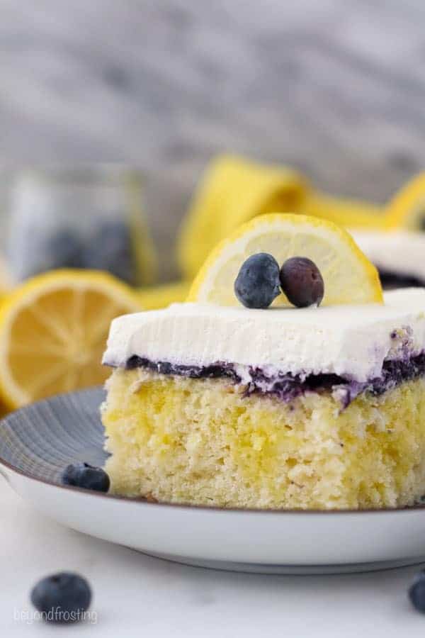 A close up shot of a slice of lemon blueberry cake, showing the lemon pudding filling, the blueberry topping and the whipped cream is garnished with a lemon slice and a couple of blueberries