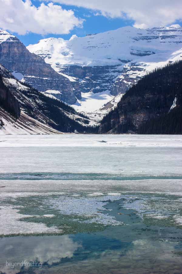 Amazing view of Lake Louise covered in ice and snow