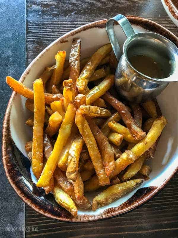 overhead shot of French fries from Park Distillery in Banff