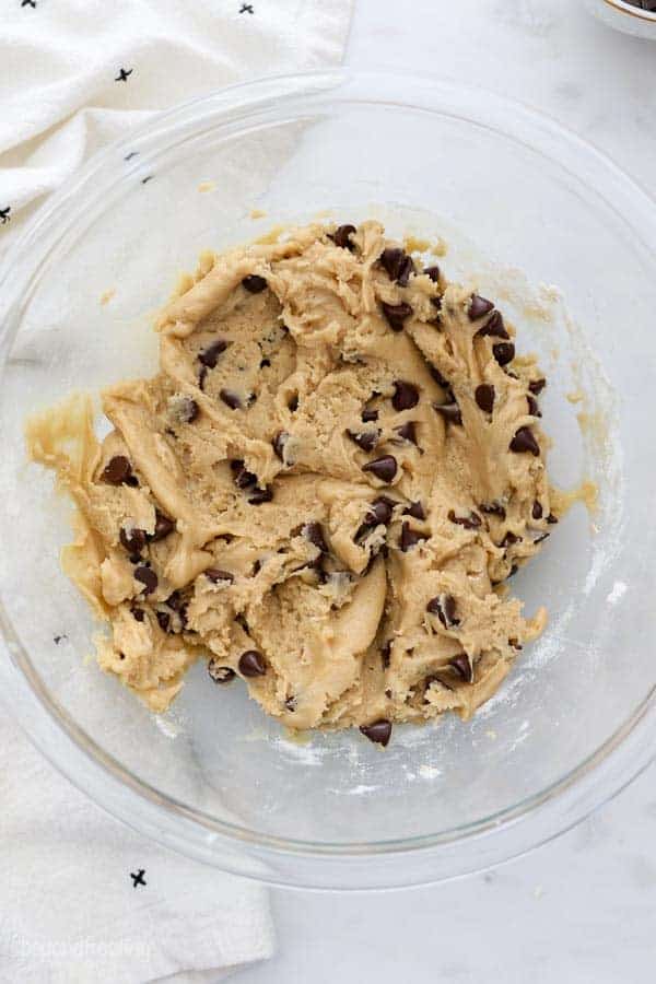 A bowl of prepare chocolate chip cookie dough
