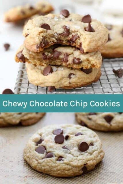 Two pictures of chocolate chip cookies with a text overlay