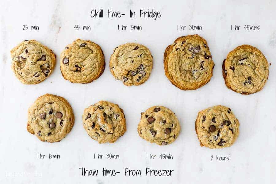 9 chocolate chip cookies laid out next to each other, labeled with baking times