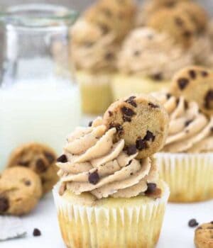 A bunch of pretty cupcake with a beautiful swirl of frosting and mini chocolate chip cookie on top. The cupcakes are surrounded with mini chocolate chips and more cookies.