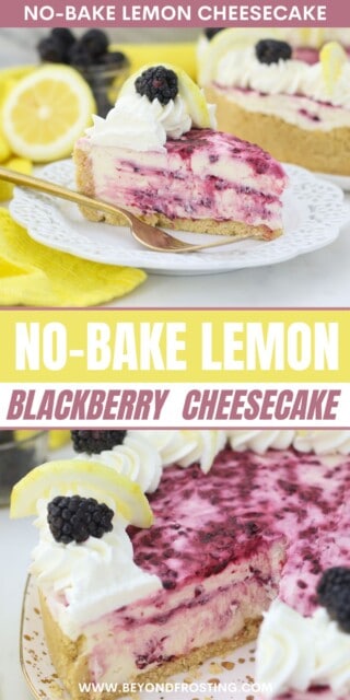 Pinterest title image for No Bake Lemon Blackberry Cheesecake.