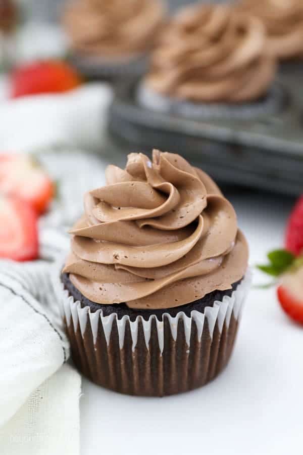 A gorgeous cupcake frosted with Chocolate Swiss Meringue Buttercream