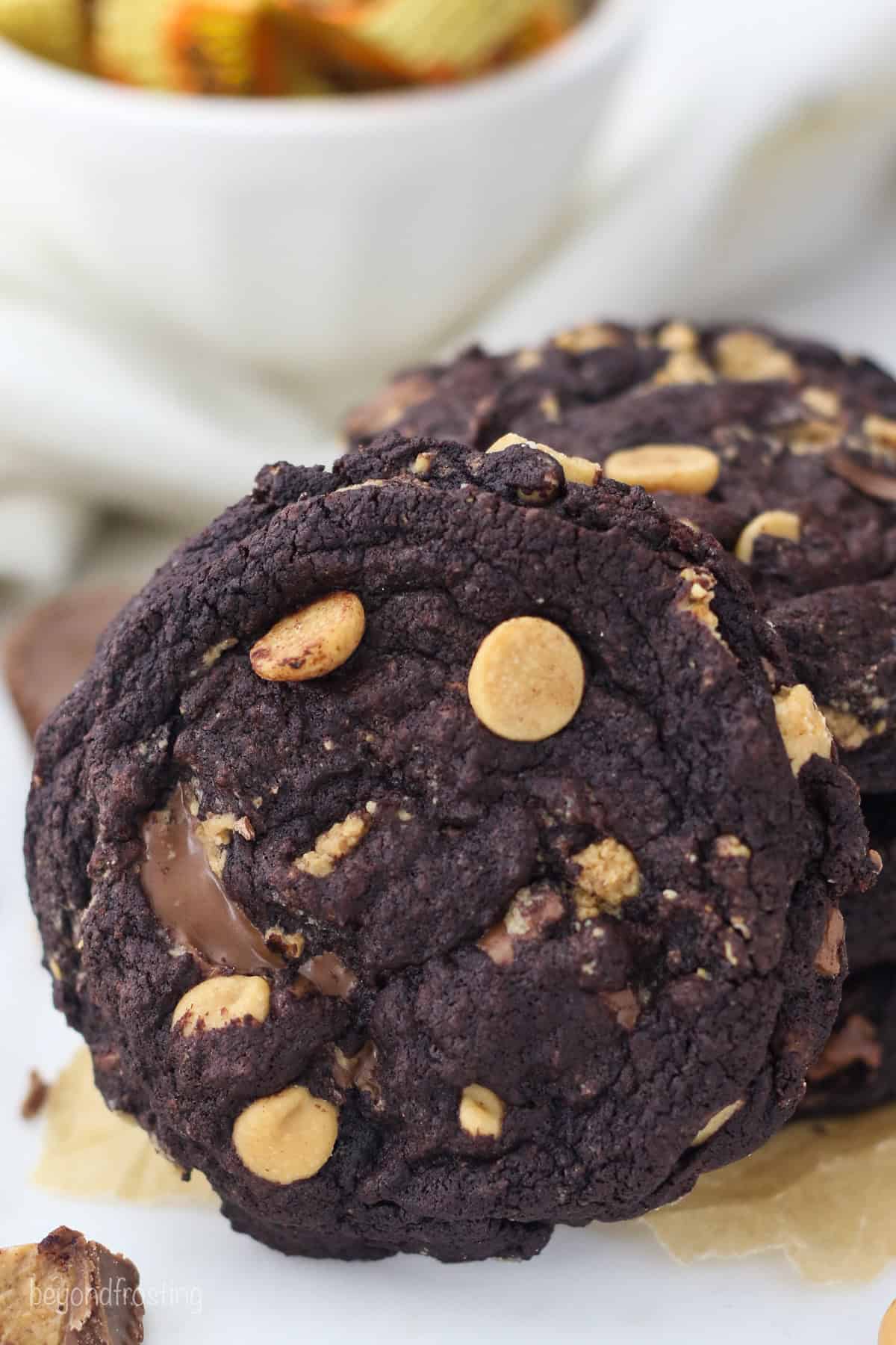 These fudgy chocolate peanut butter cookies are soft-baked chocolate cookies loaded with gooey peanut butter chips and peanut butter cups! A chocolate peanut butter cookie propped upright against a stack of cookies on a countertop.
