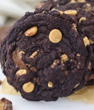 A chocolate peanut butter cookie propped upright against a stack of cookies on a countertop.