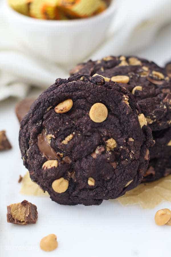 A perfectly shaped chocolate peanut butter cookie with a melted peanut butter cup and peanut butter chips on top.