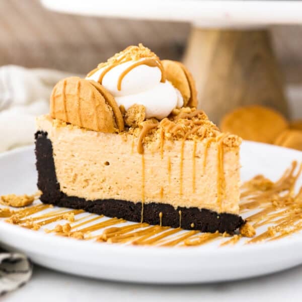 A slice of no bake peanut butter pie topped with whipped cream and a peanut butter drizzle on a plate.