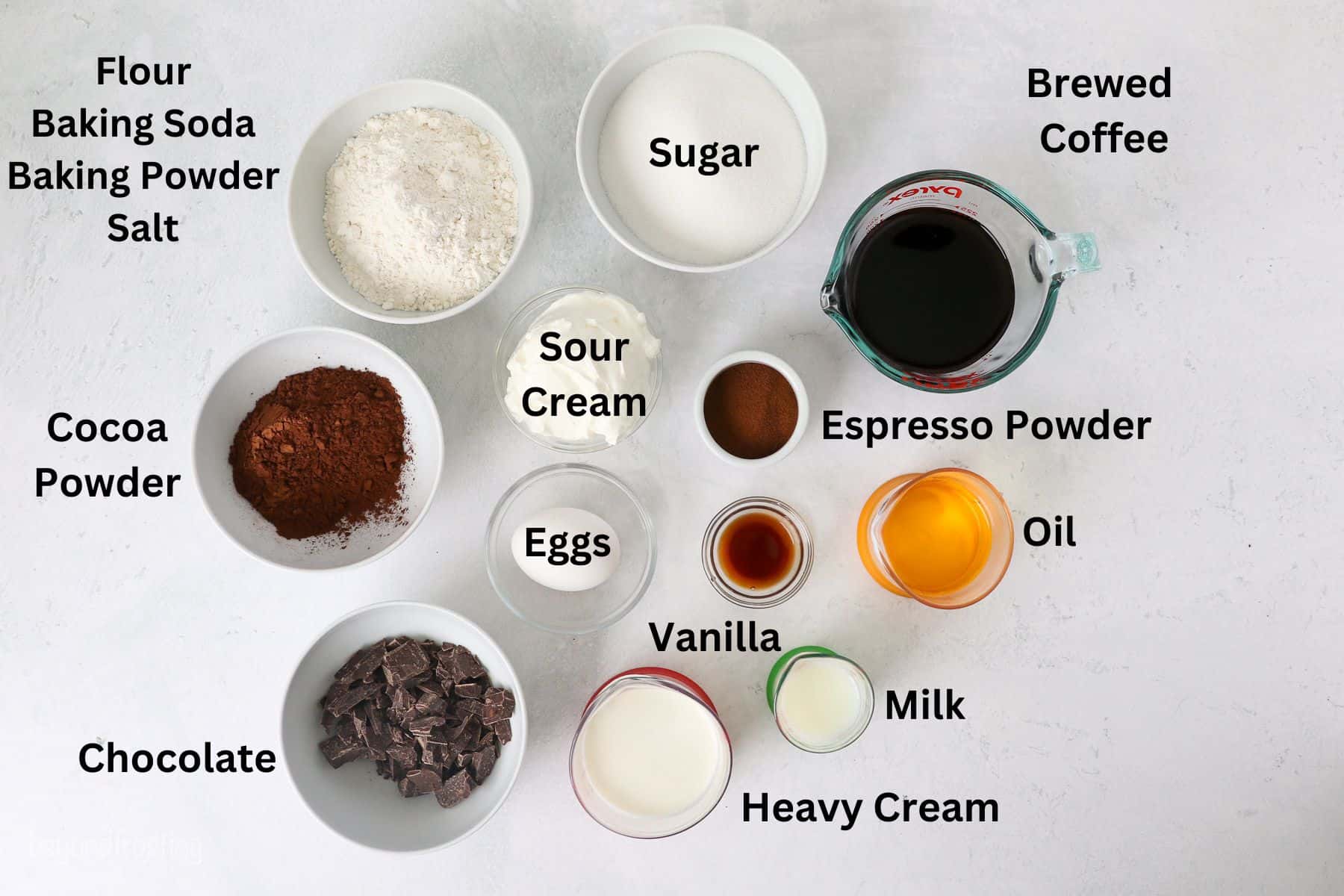 Ingredients for chocolate bundt cake with text labels over each ingredient.