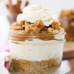 A layered no-bake cheesecake showing the crust, the filling, apple pie filling and whipped cream on top
