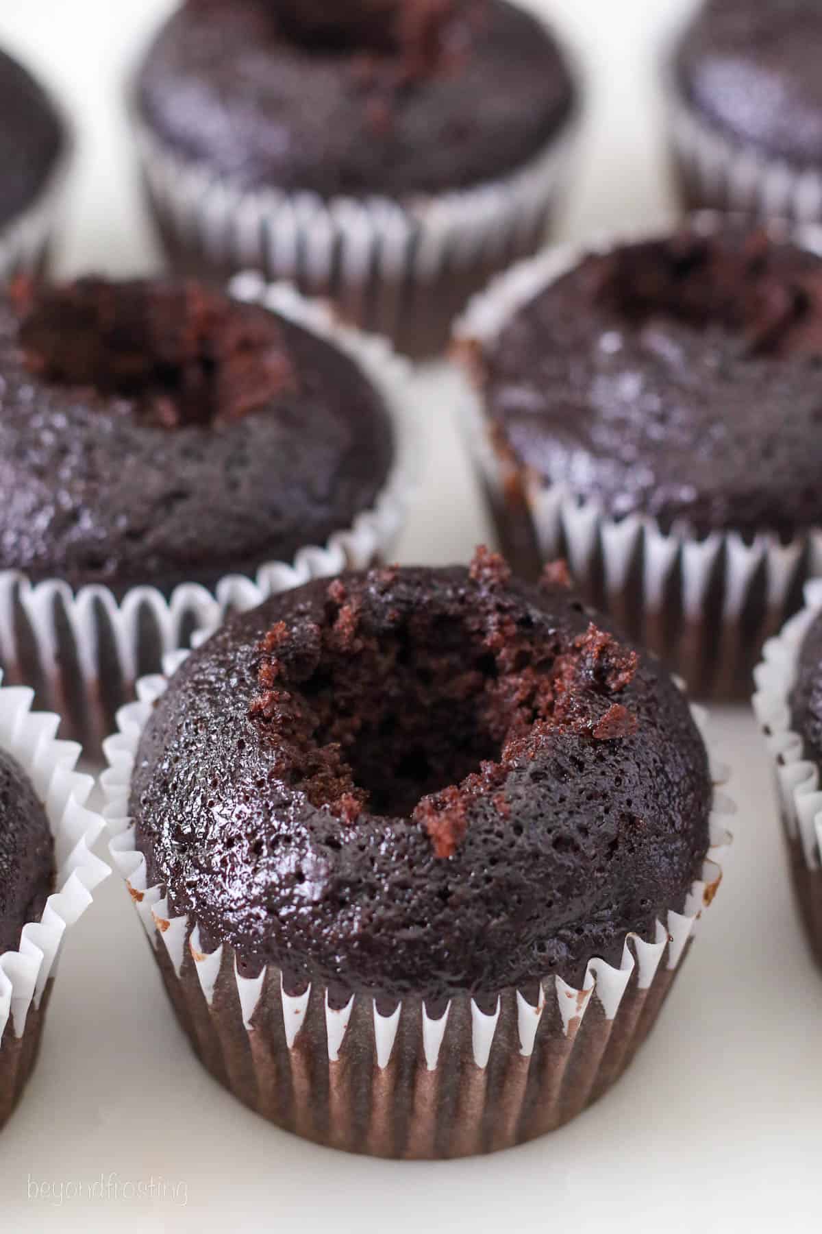 Chocolate cupcakes with their centers removed.