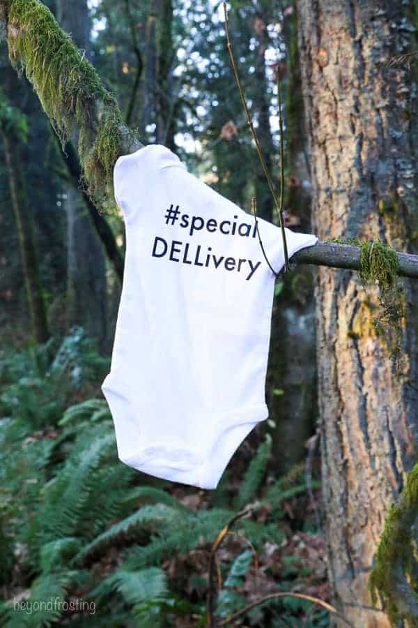A onesie hanging on a tree branch