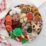 An overhead view of a gorgeous Christmas themed cookie board