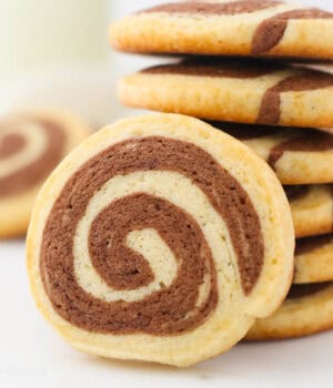 A stack of chocolate pinwheel cookies with one cookie propped up in front.