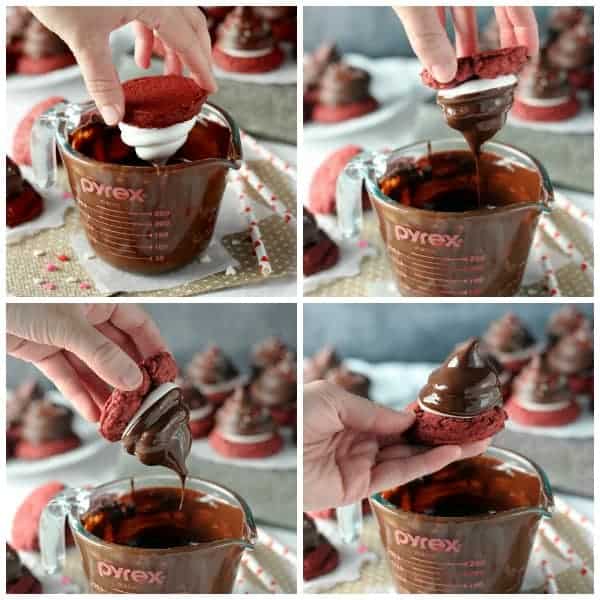 A collage image showing the 4 steps to dip a hi hat cookie in melted chocolate