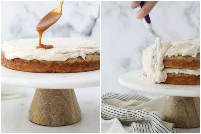 Two side by side photos frosting a cake and drizzling caramel