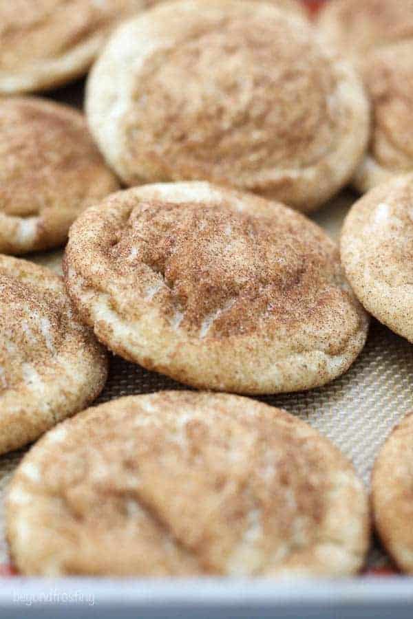 A baking sheet loaded with snickerdoodles