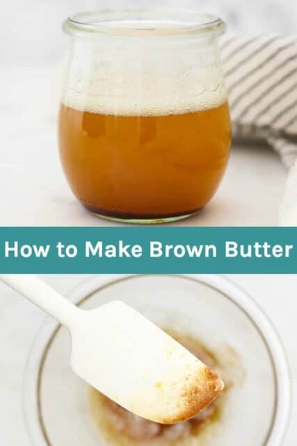 A collage of two images of brown butter with text overlay
