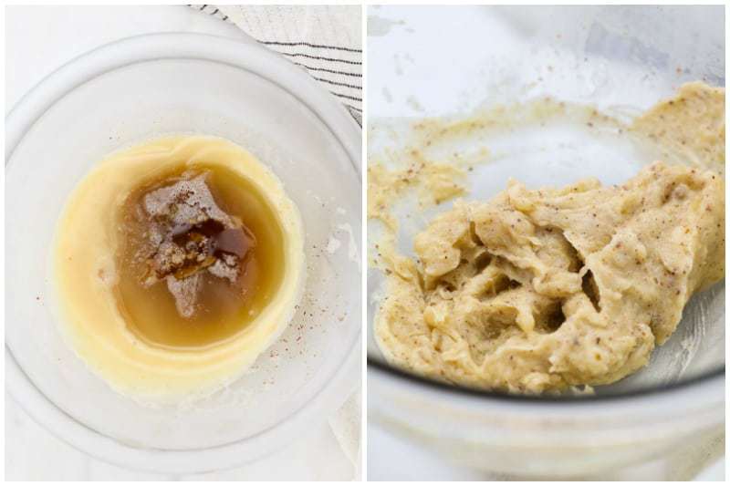 Two side by side images of brown butter, one is partially firm and one is whipped