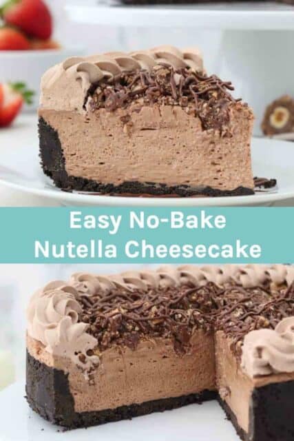 Two collage images of Nutella cheesecake with a text overlay