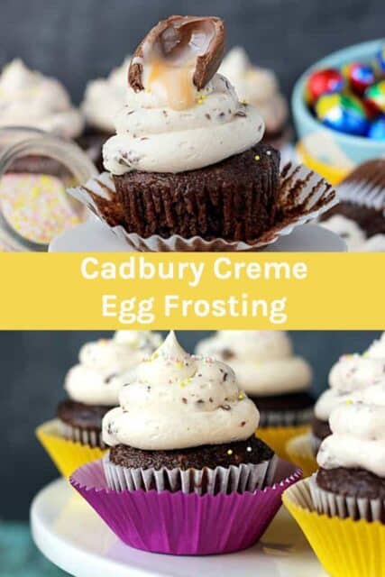 Two photos of frosted cupcakes with a Cadbury egg on top and a text overly