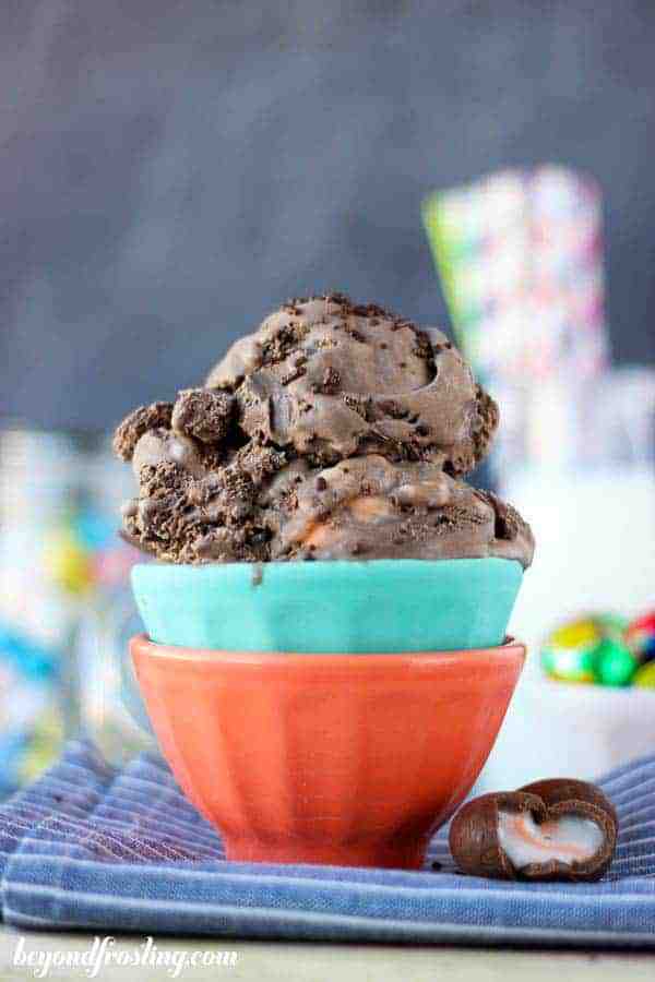 Two colorful bowl with scoop of chocolate ice cream