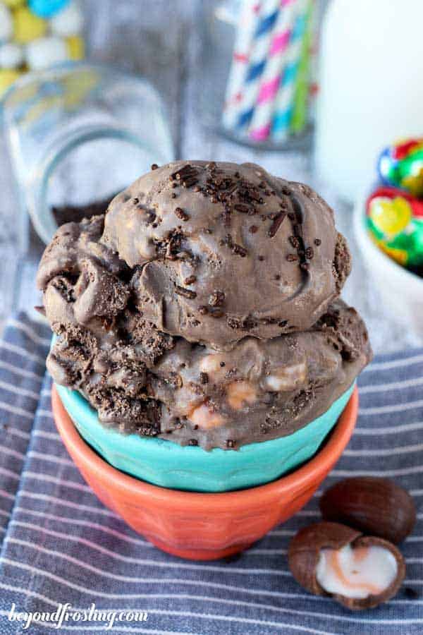 An overhead view of heaping scoop of chocolate ice cream with chocolate sprinkles