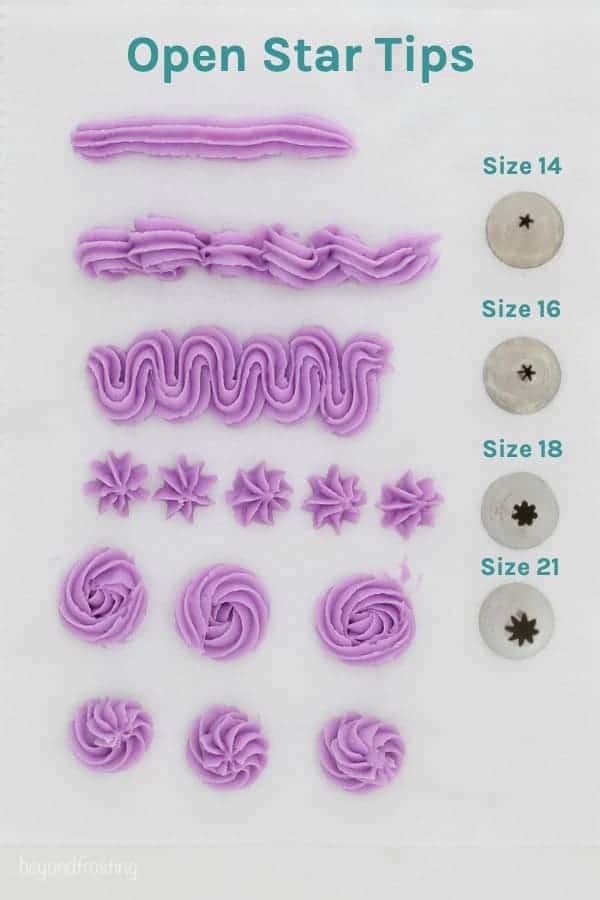 A visual of how to make buttercream designs with open star tips