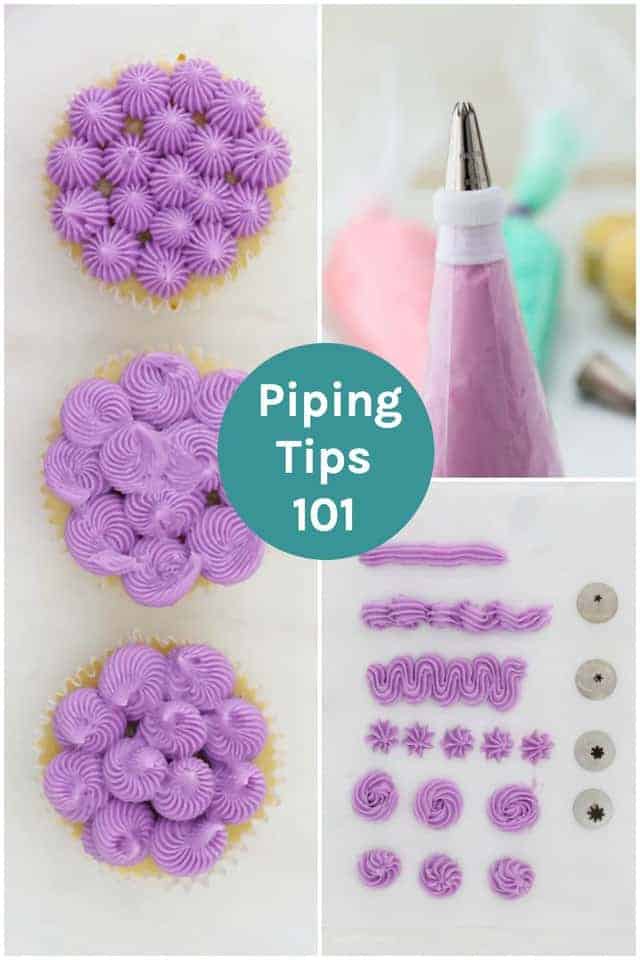 A collage image of decorated cupcakes, a piping bag and piping tips