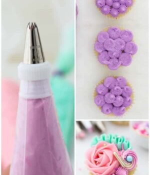 A collage of a piping bag filled with purple frosting and a few decorated cupcakes