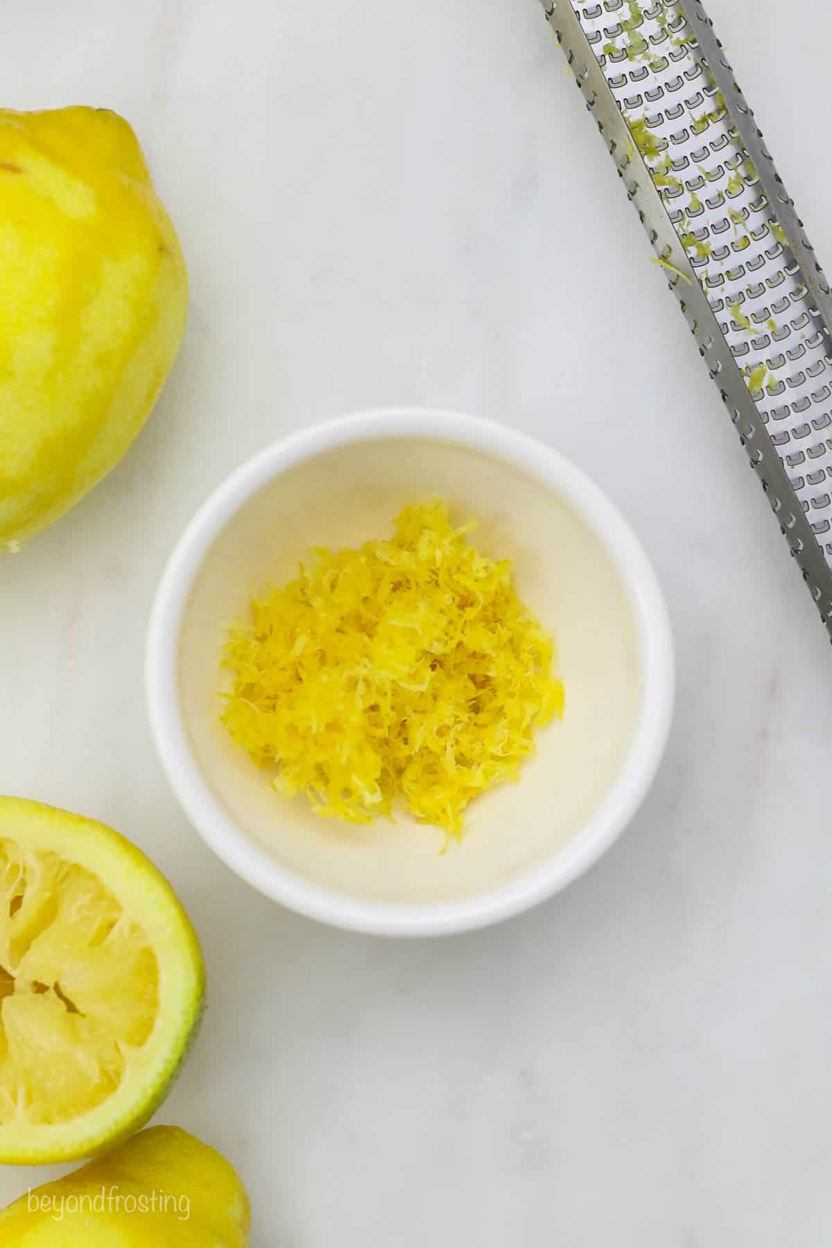 Lemon zest in a white dish