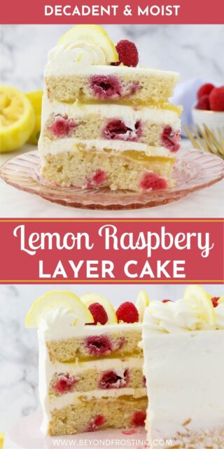 Pinterest graphic with two photos of lemon raspberry cake