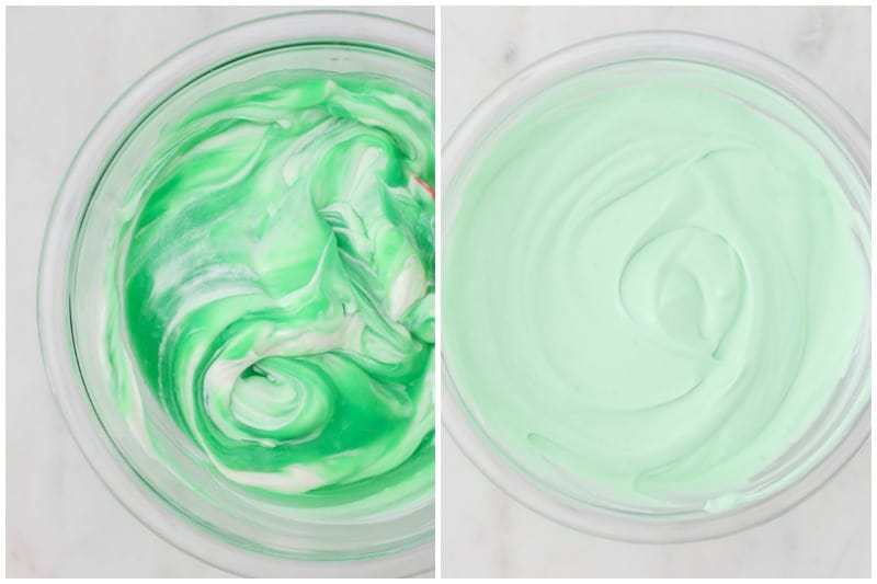 A side by Side photo of mixing together green colored mousse